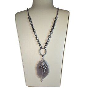 Sequin Nordstrom Gunmetal Plated Stone Leave Pendant Necklace NWT